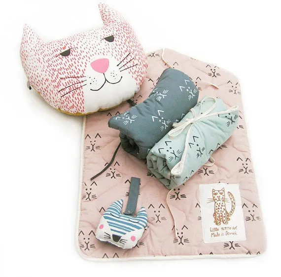 Changing Pad - Cat Print- Dusty Blue