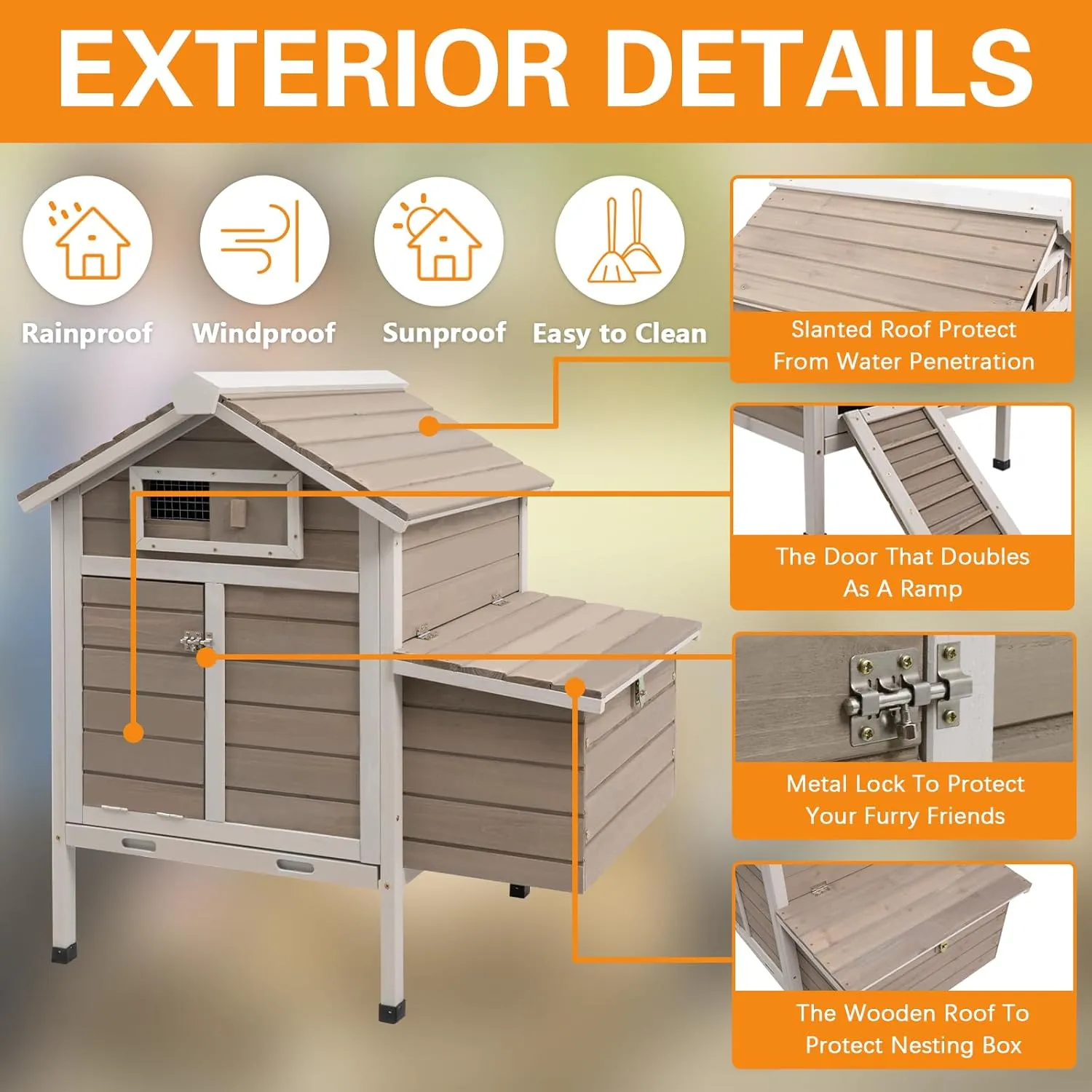 Chicken Coop Rabbit Hutch with Removable Trays,Raised Floor Hen House with Nesting Box,Wooden Outdoor Poultry Cage Pet House with Ramp Run Hen Cage for Garden Backyard,Grey