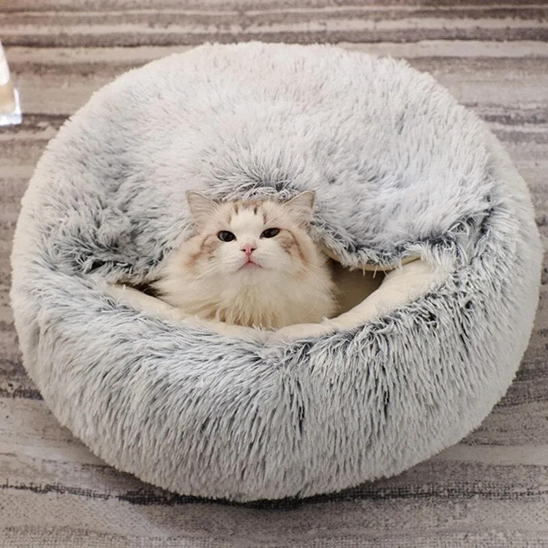 Cozy 2-in-1 Cat Bed: Round Cat Nest and Puppy Cave with Long Plush for Warm and Comfortable Rest