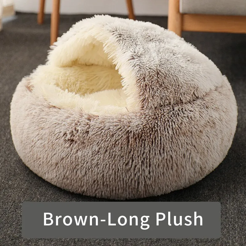 Cozy 2-in-1 Cat Bed: Round Cat Nest and Puppy Cave with Long Plush for Warm and Comfortable Rest