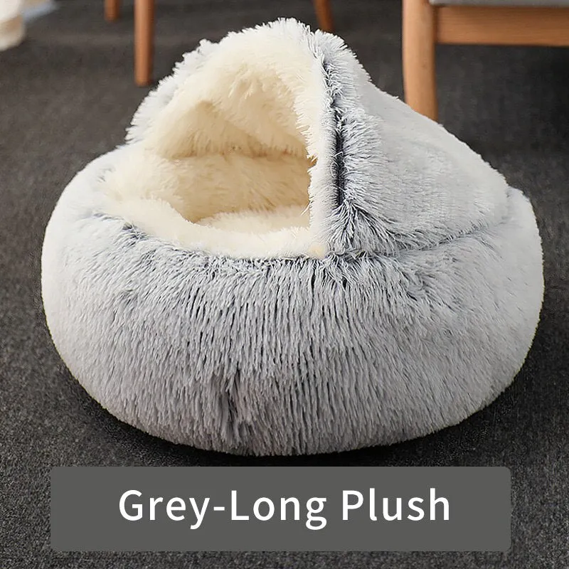 Cozy 2-in-1 Cat Bed: Round Cat Nest and Puppy Cave with Long Plush for Warm and Comfortable Rest