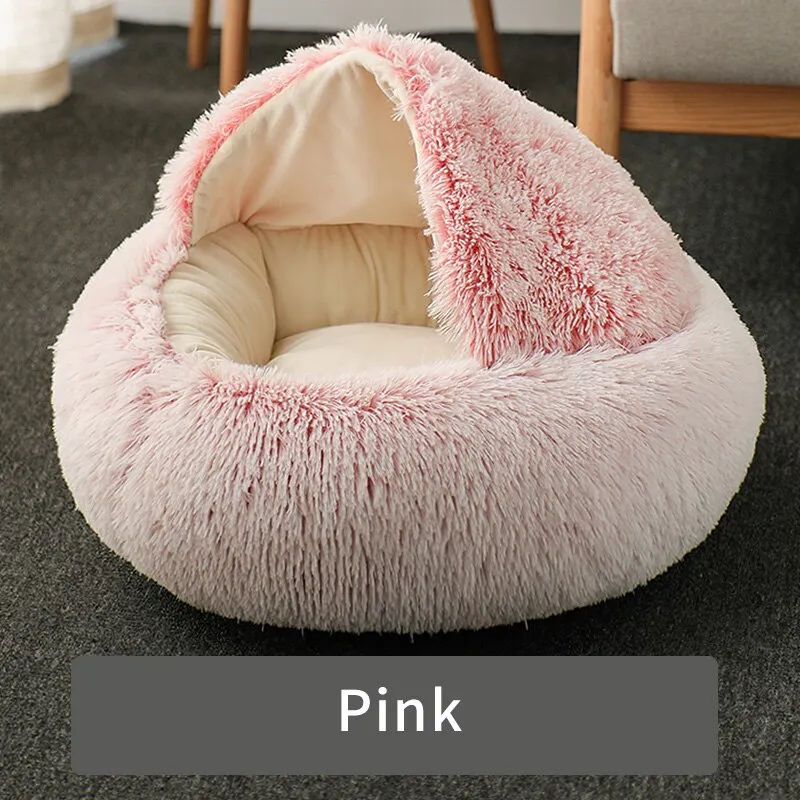 Cozy 2-in-1 Cat Bed: Round Cat Nest and Puppy Cave with Long Plush for Warm and Comfortable Rest