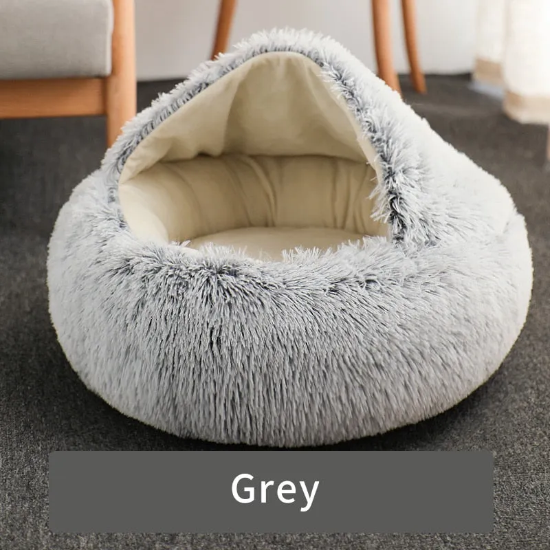 Cozy 2-in-1 Cat Bed: Round Cat Nest and Puppy Cave with Long Plush for Warm and Comfortable Rest