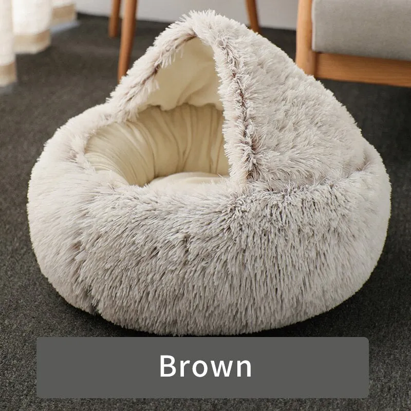 Cozy 2-in-1 Cat Bed: Round Cat Nest and Puppy Cave with Long Plush for Warm and Comfortable Rest