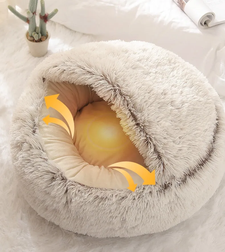 Cozy 2-in-1 Cat Bed: Round Cat Nest and Puppy Cave with Long Plush for Warm and Comfortable Rest