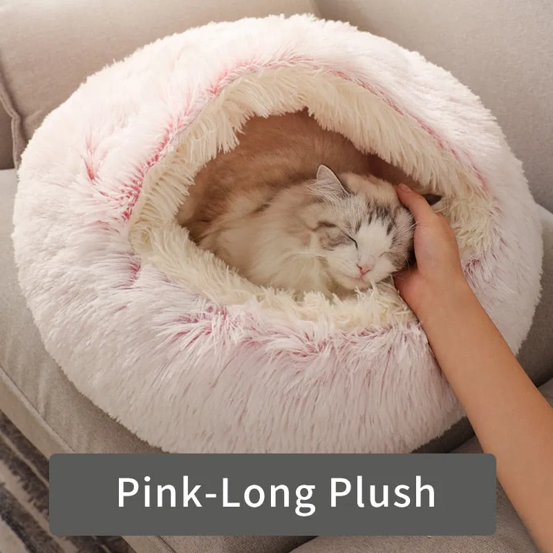 Cozy 2-in-1 Cat Bed: Round Cat Nest and Puppy Cave with Long Plush for Warm and Comfortable Rest