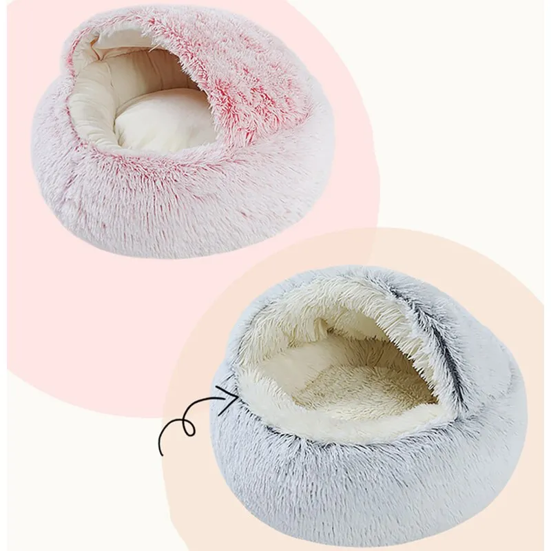 Cozy 2-in-1 Cat Bed: Round Cat Nest and Puppy Cave with Long Plush for Warm and Comfortable Rest
