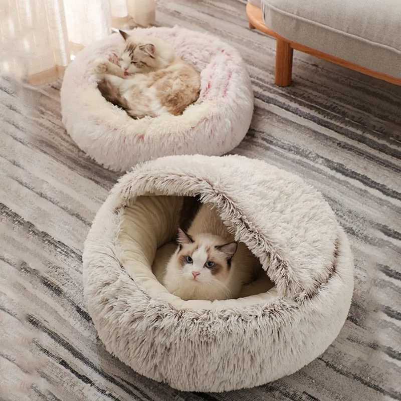 Cozy 2-in-1 Cat Bed: Round Cat Nest and Puppy Cave with Long Plush for Warm and Comfortable Rest