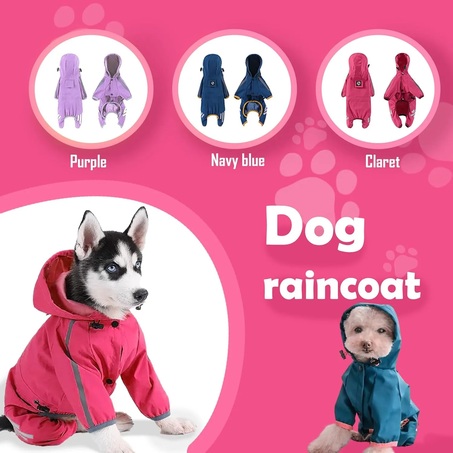 Dog Raincoat, Dog Rain Jacket for Puppy Dog with Hat, Small Dog Lightweight Raincoat, Waterproof Rain Jacket with Reflective Strip. (Claret, Medium)