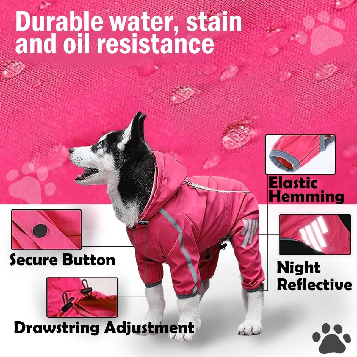 Dog Raincoat, Dog Rain Jacket for Puppy Dog with Hat, Small Dog Lightweight Raincoat, Waterproof Rain Jacket with Reflective Strip. (Claret, Medium)