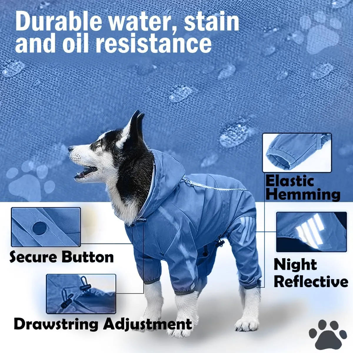 Dog Raincoat, Dog Rain Jacket for Puppy Dog with Hat, Small Dog Lightweight Raincoat, Waterproof Rain Jacket with Reflective Strip. (Navy Blue, Medium)