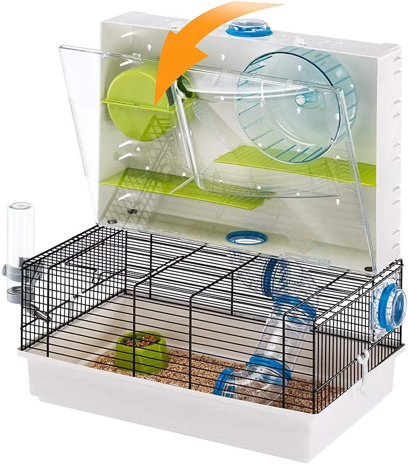Ferplast Olimpia Hamster Cage - Multi-Level Customizable Habitat with Tunnel System - Interactive Transparent Design, Exercise Wheel & Accessories - Tubes Connect&Play, 46x29.5xh54 cm