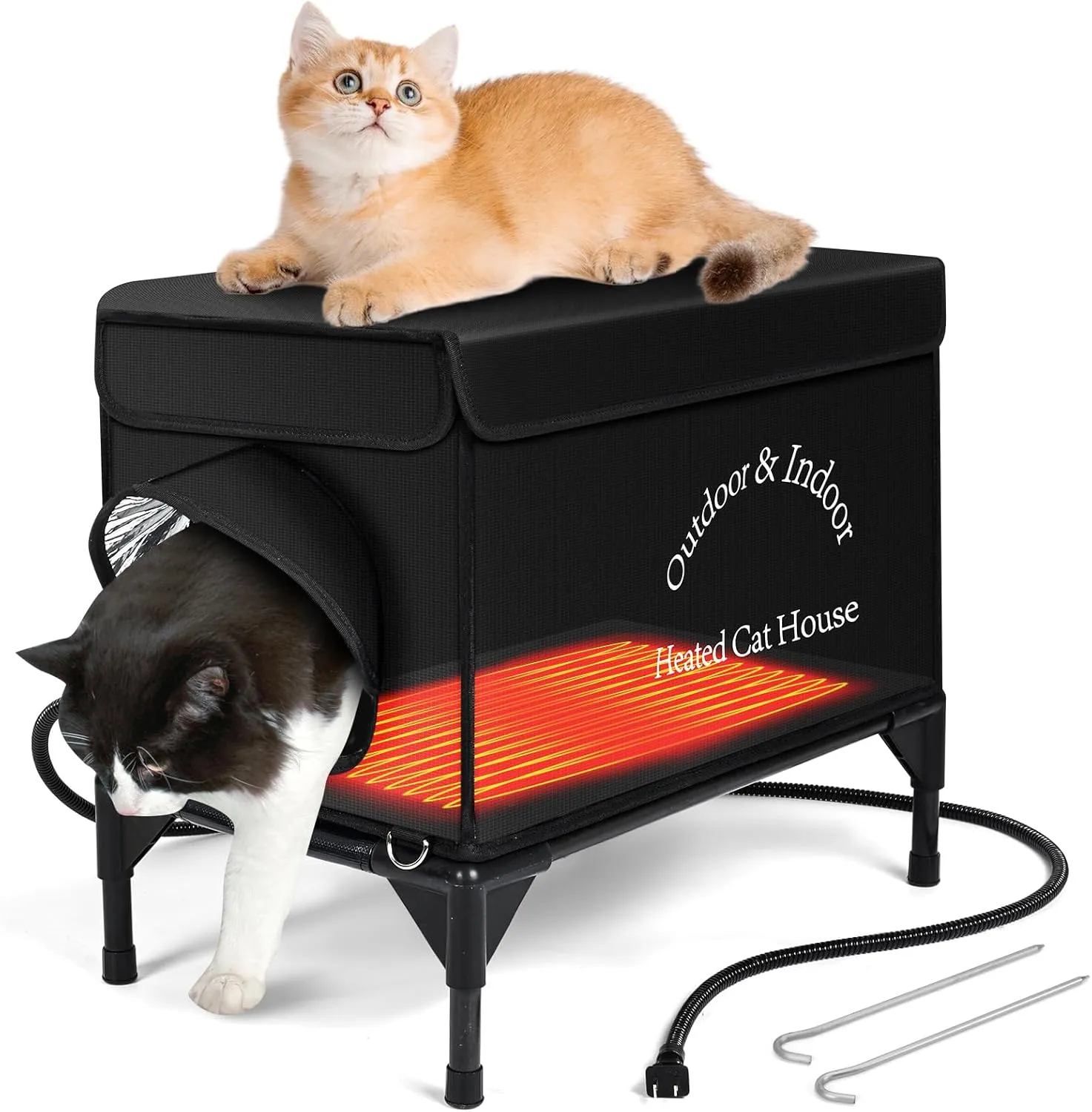 Heated Cat House for Outdoor Cats in Winter, Highly Elevated Base Waterproof & Insulated Feral Cat House, Warm Cat Shelter with Heating Pad Warm House for Outside Stray Barn Cat (Black, 21"x13"x18")