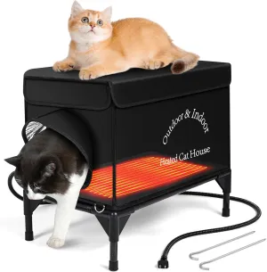 Heated Cat House for Outdoor Cats in Winter, Highly Elevated Base Waterproof & Insulated Feral Cat House, Warm Cat Shelter with Heating Pad Warm House for Outside Stray Barn Cat (Black, 21"x13"x18")