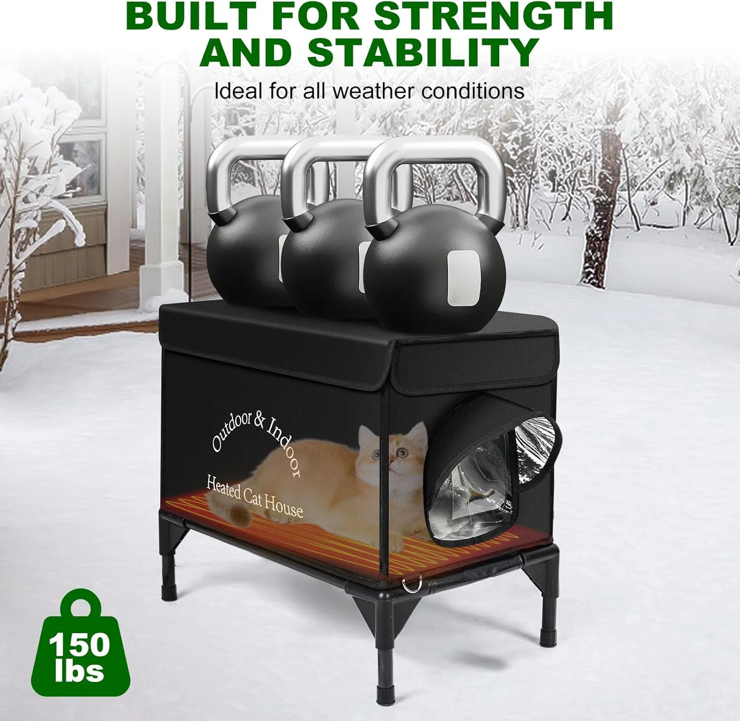 Heated Cat House for Outdoor Cats in Winter, Highly Elevated Base Waterproof & Insulated Feral Cat House, Warm Cat Shelter with Heating Pad Warm House for Outside Stray Barn Cat (Black, 21"x13"x18")