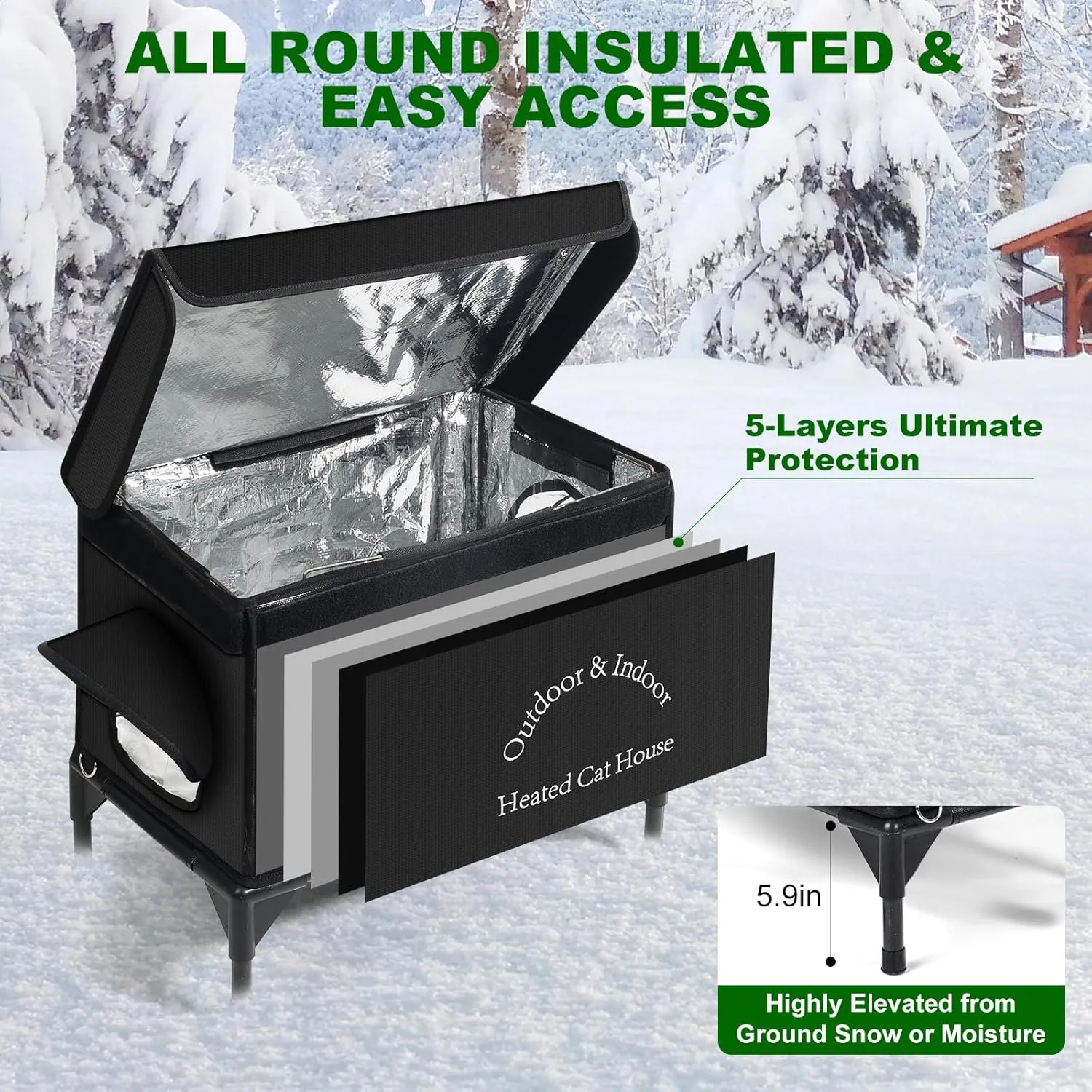 Heated Cat House for Outdoor Cats in Winter, Highly Elevated Base Waterproof & Insulated Feral Cat House, Warm Cat Shelter with Heating Pad Warm House for Outside Stray Barn Cat (Black, 21"x13"x18")