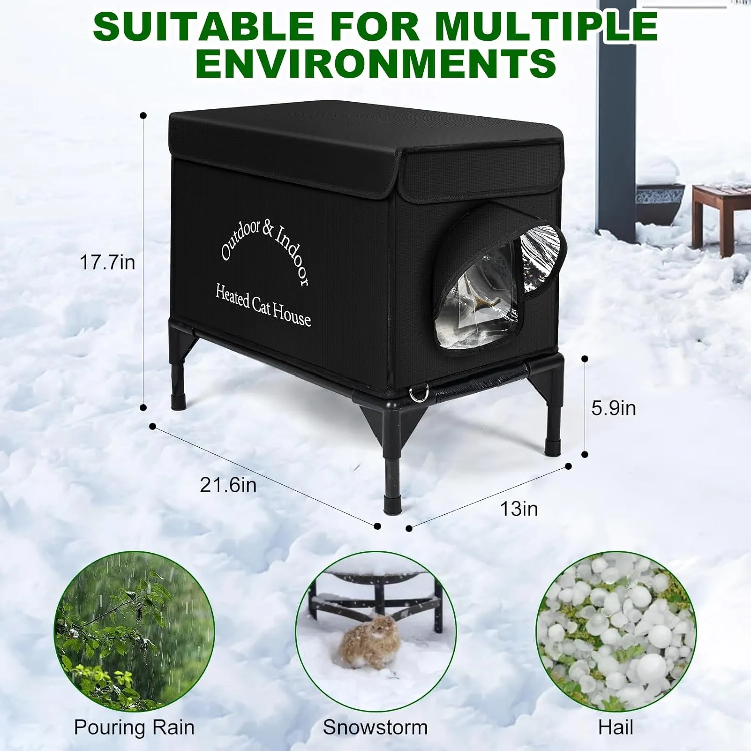 Heated Cat House for Outdoor Cats in Winter, Highly Elevated Base Waterproof & Insulated Feral Cat House, Warm Cat Shelter with Heating Pad Warm House for Outside Stray Barn Cat (Black, 21"x13"x18")
