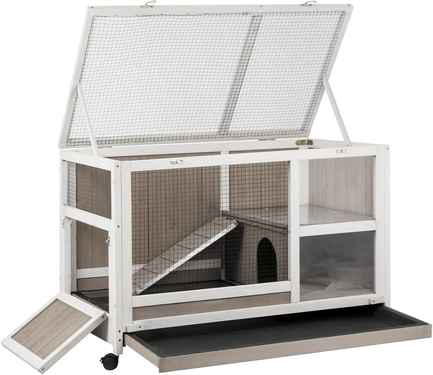 Indoor Rabbit Hutch - 36''L Outdoor Wooden Bunny Hutch with Wheels Rabbit Cage Guinea Pig Cages Removable Pull Out Tray, Ramp, Hideout, Small Animals Pet House Hamster Ferret for Bunny Cage