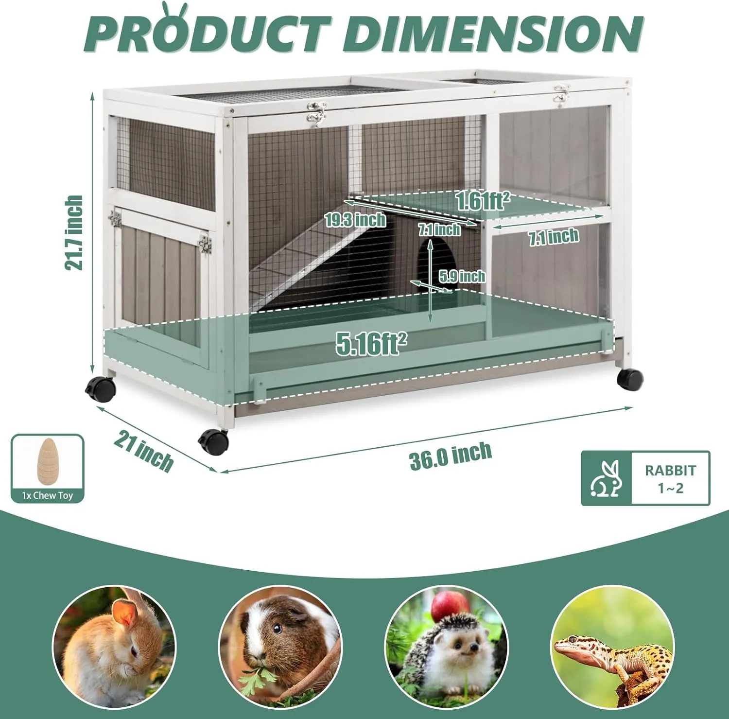 Indoor Rabbit Hutch - 36''L Outdoor Wooden Bunny Hutch with Wheels Rabbit Cage Guinea Pig Cages Removable Pull Out Tray, Ramp, Hideout, Small Animals Pet House Hamster Ferret for Bunny Cage