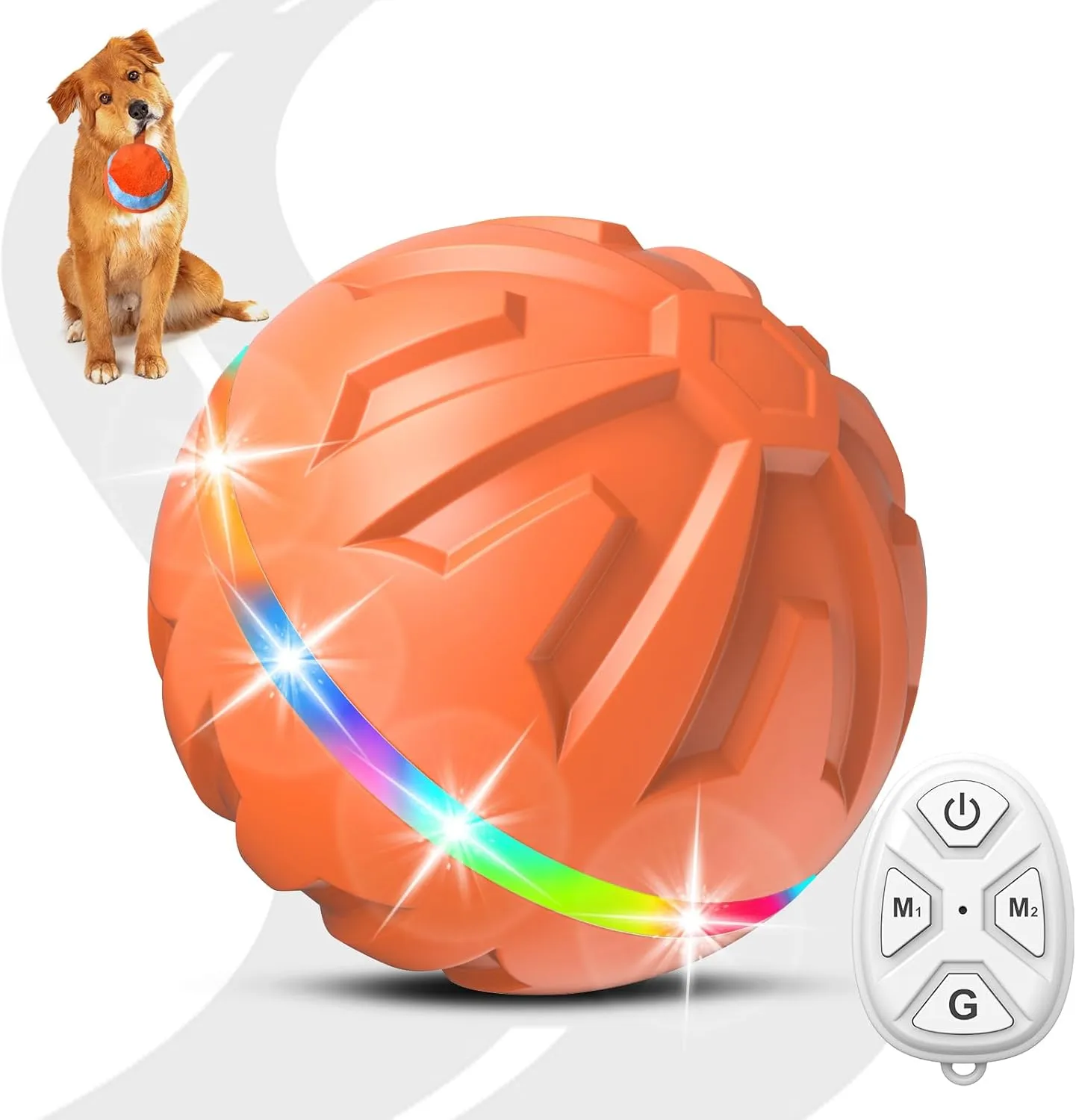 Interactive Dog Toy - Ultra Ball With Remote Control LED Light, Active Rolling Ball for Medium Large Dogs, Automatic Moving, Durable Rubber Peppy Pet Toy for Boredom, 3.2-in Orange