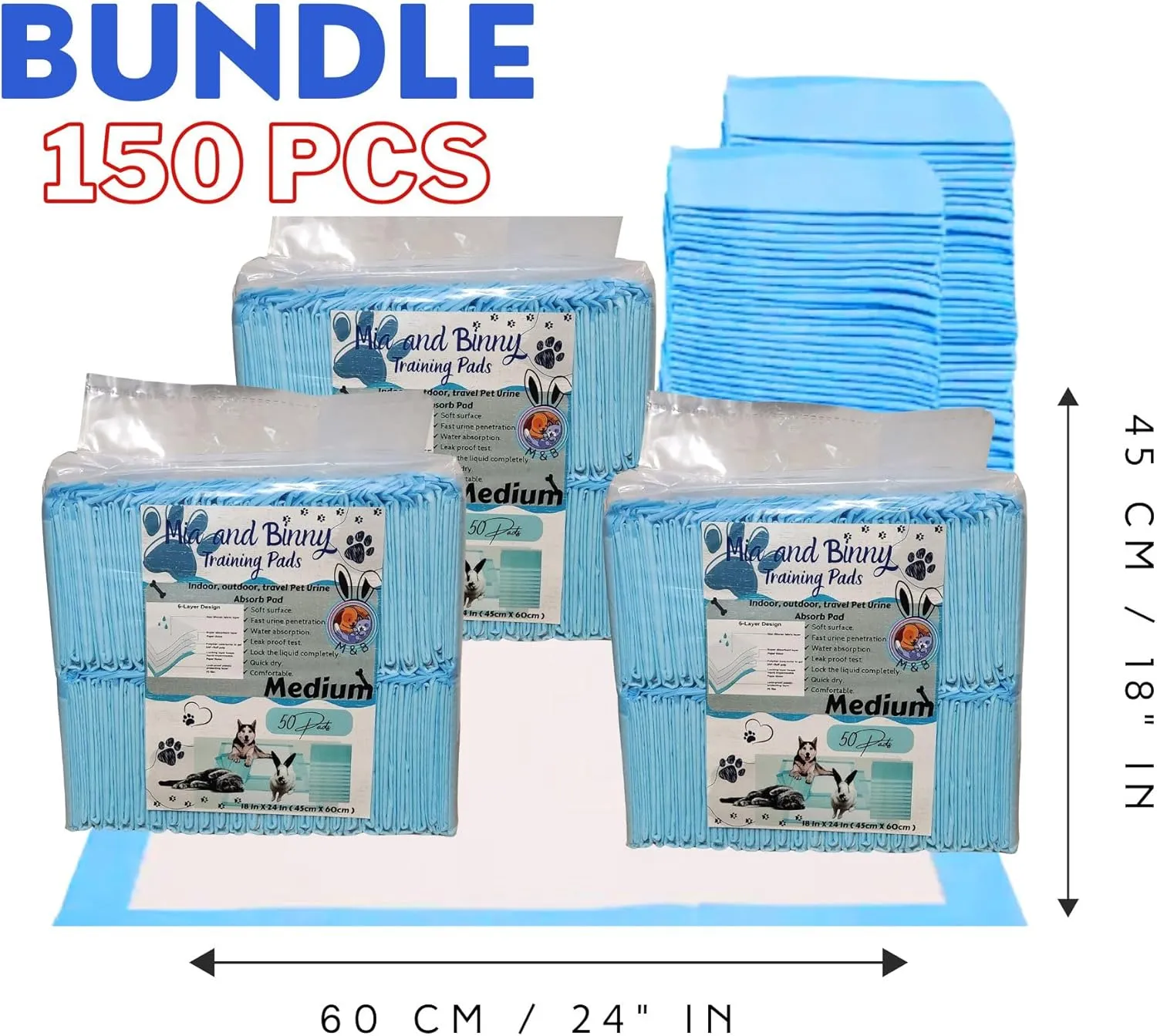 MBPP 6-Layer Pee Pads, Blue, Disposable Pet Training Pads, Paper, Polymer, 18x18 inches, 50 Pcs