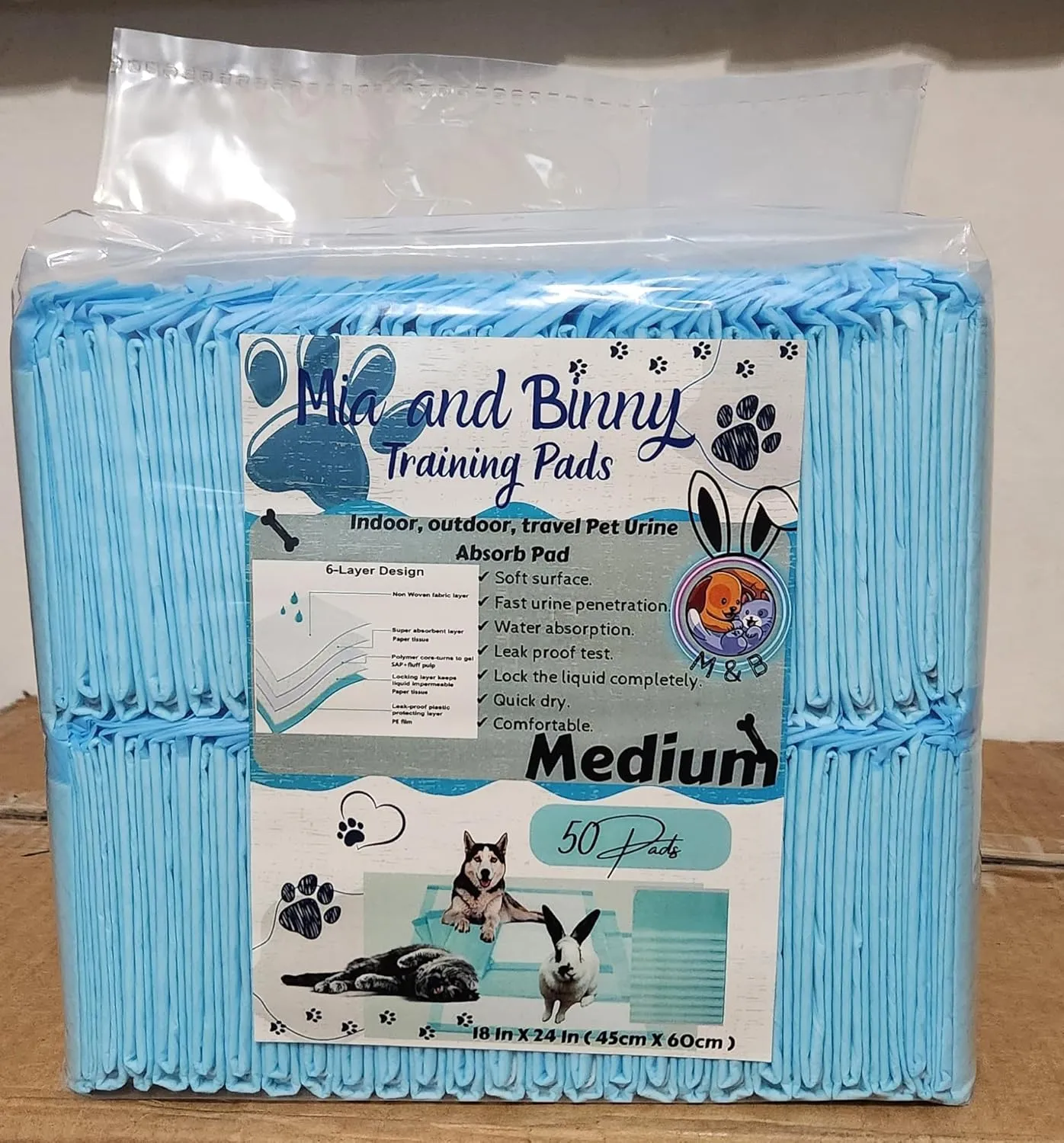 MBPP 6-Layer Pee Pads, Blue, Disposable Pet Training Pads, Paper, Polymer, 18x18 inches, 50 Pcs