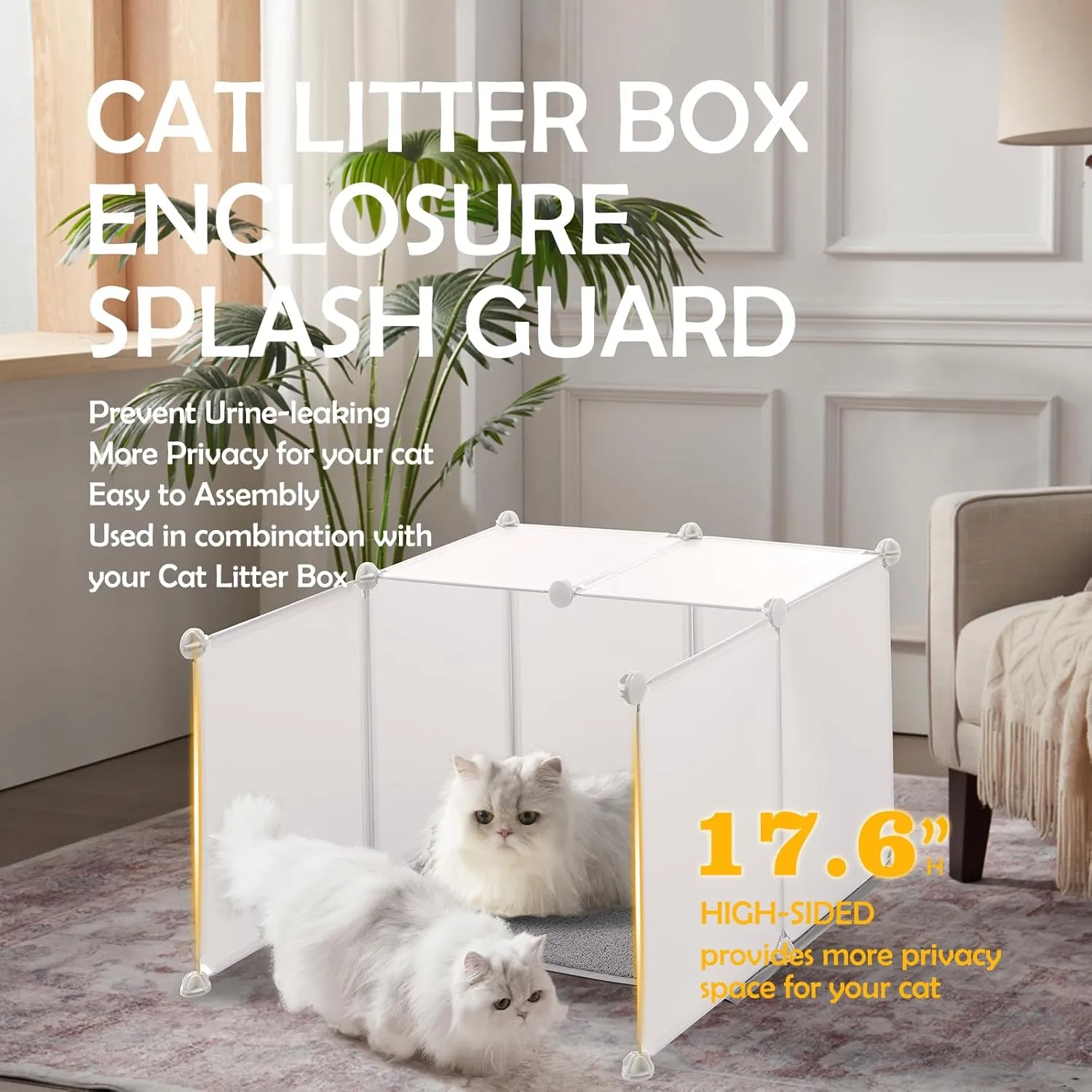 MEEXPAWS Cat Litter Box Enclosure Splash Guard XXL 27.9L  27.9W x 31.5H inch, Light Weight Plastic Sheets with Cat Litter Mat Easy Clean (White)