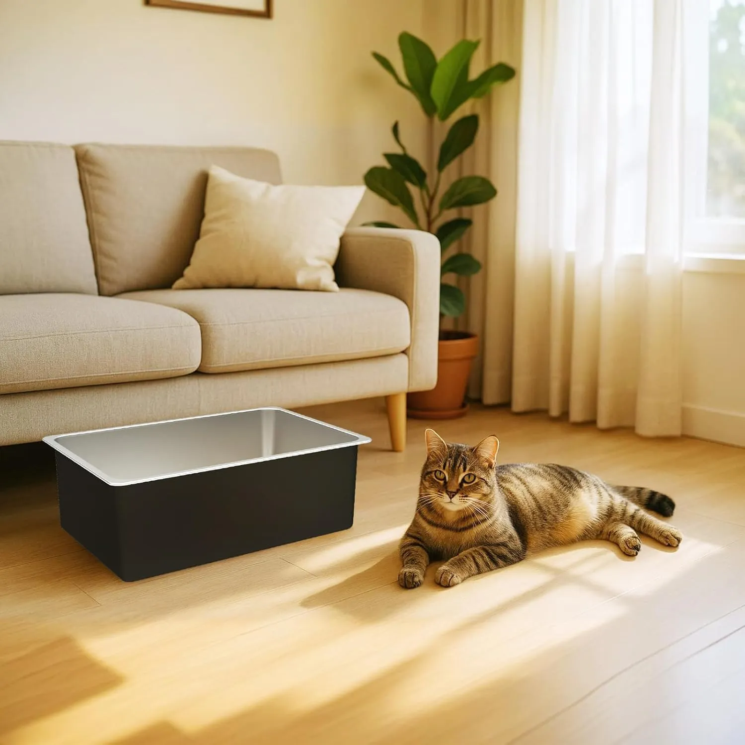 Ohtomber Stainless Steel Litter Box - Metal High Sided Cat Litter Box Pan, Never Absorbs Smell, Easy to Clean Non Stick Cat Litterbox Tray Toilet Pet Supplies for Indoor Kitty, Kitten, Rabbit, Puppy