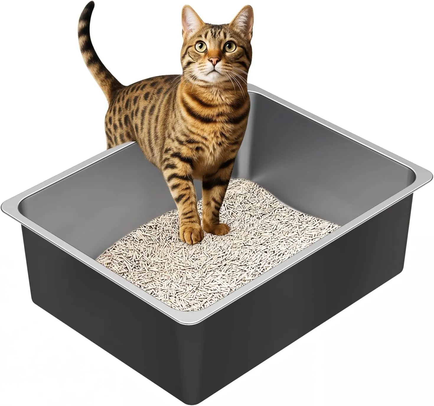 Ohtomber Stainless Steel Litter Box - Metal High Sided Cat Litter Box Pan, Never Absorbs Smell, Easy to Clean Non Stick Cat Litterbox Tray Toilet Pet Supplies for Indoor Kitty, Kitten, Rabbit, Puppy