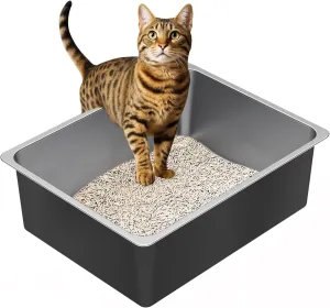 Ohtomber Stainless Steel Litter Box - Metal High Sided Cat Litter Box Pan, Never Absorbs Smell, Easy to Clean Non Stick Cat Litterbox Tray Toilet Pet Supplies for Indoor Kitty, Kitten, Rabbit, Puppy
