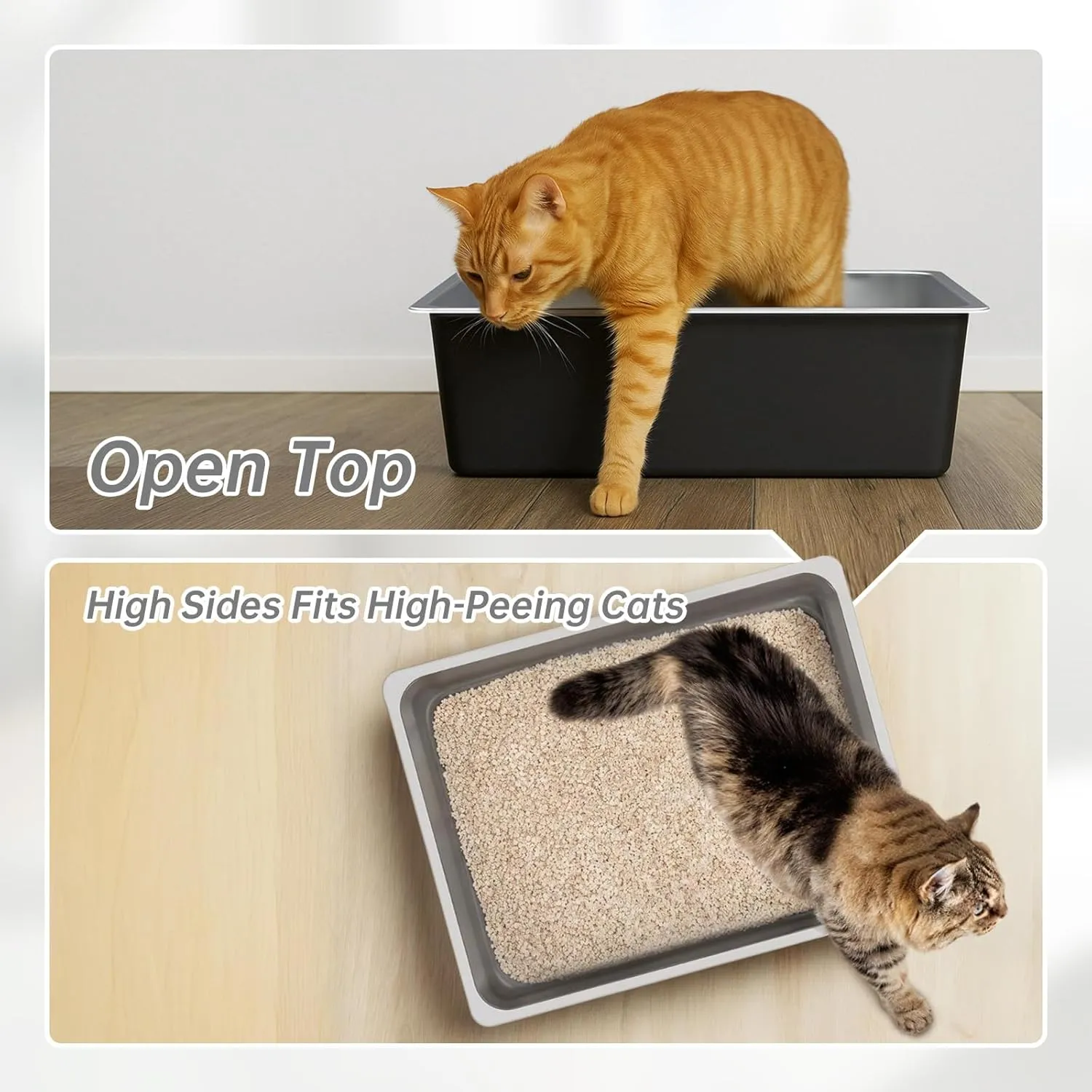 Ohtomber Stainless Steel Litter Box - Metal High Sided Cat Litter Box Pan, Never Absorbs Smell, Easy to Clean Non Stick Cat Litterbox Tray Toilet Pet Supplies for Indoor Kitty, Kitten, Rabbit, Puppy