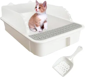 Open Cat Litter Box with High Side,Heightening Anti-Splashing Cats Litter Pan,Kitten Toilet with Litter Sifting Scoop,Semi-Enclosed Removable Kittens Litter for Boxes Easy to Clean No Odor