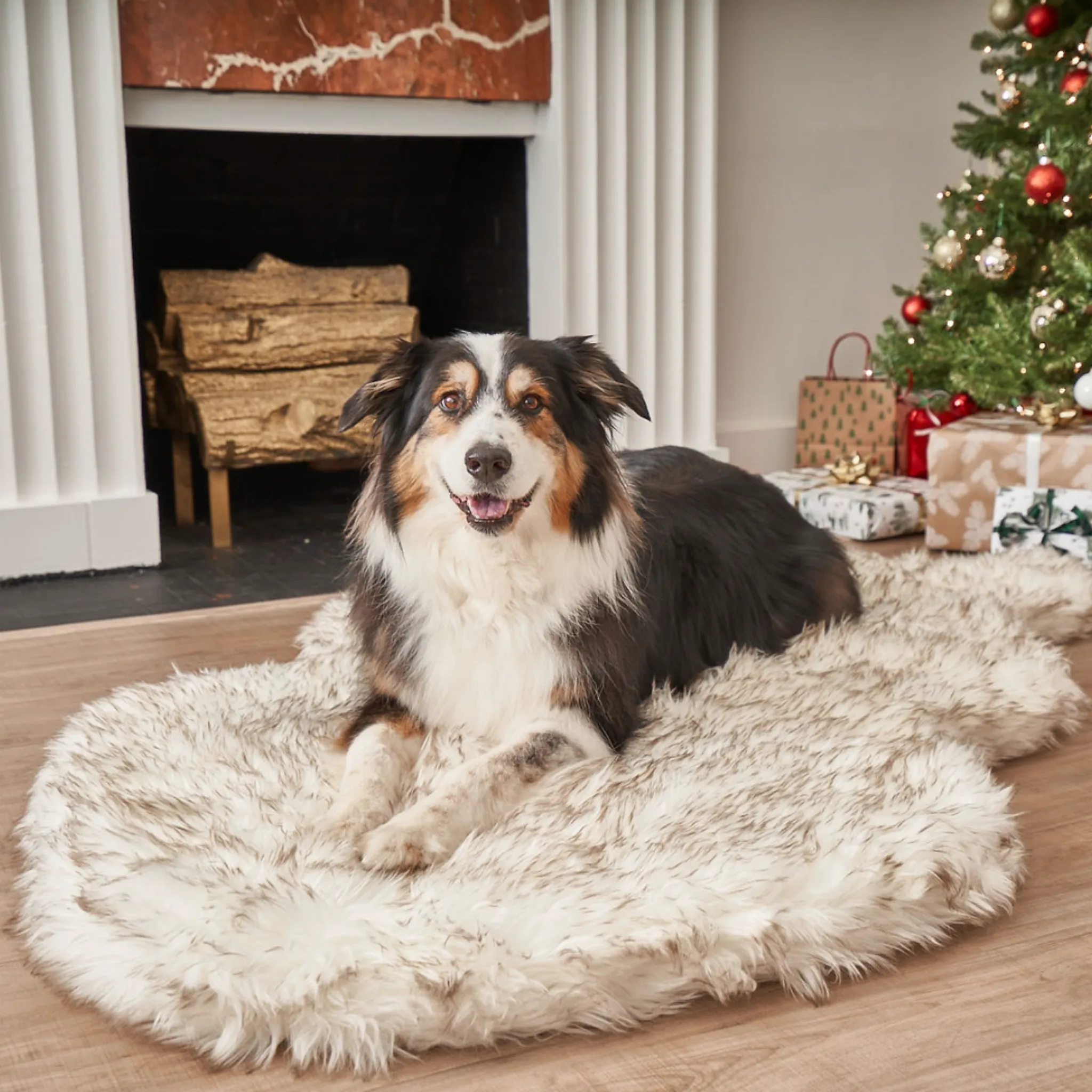 PupRug™ Faux Fur White With Brown Accents Orthopedic Dog Bed   FREE Holiday Plaid Bed Cover