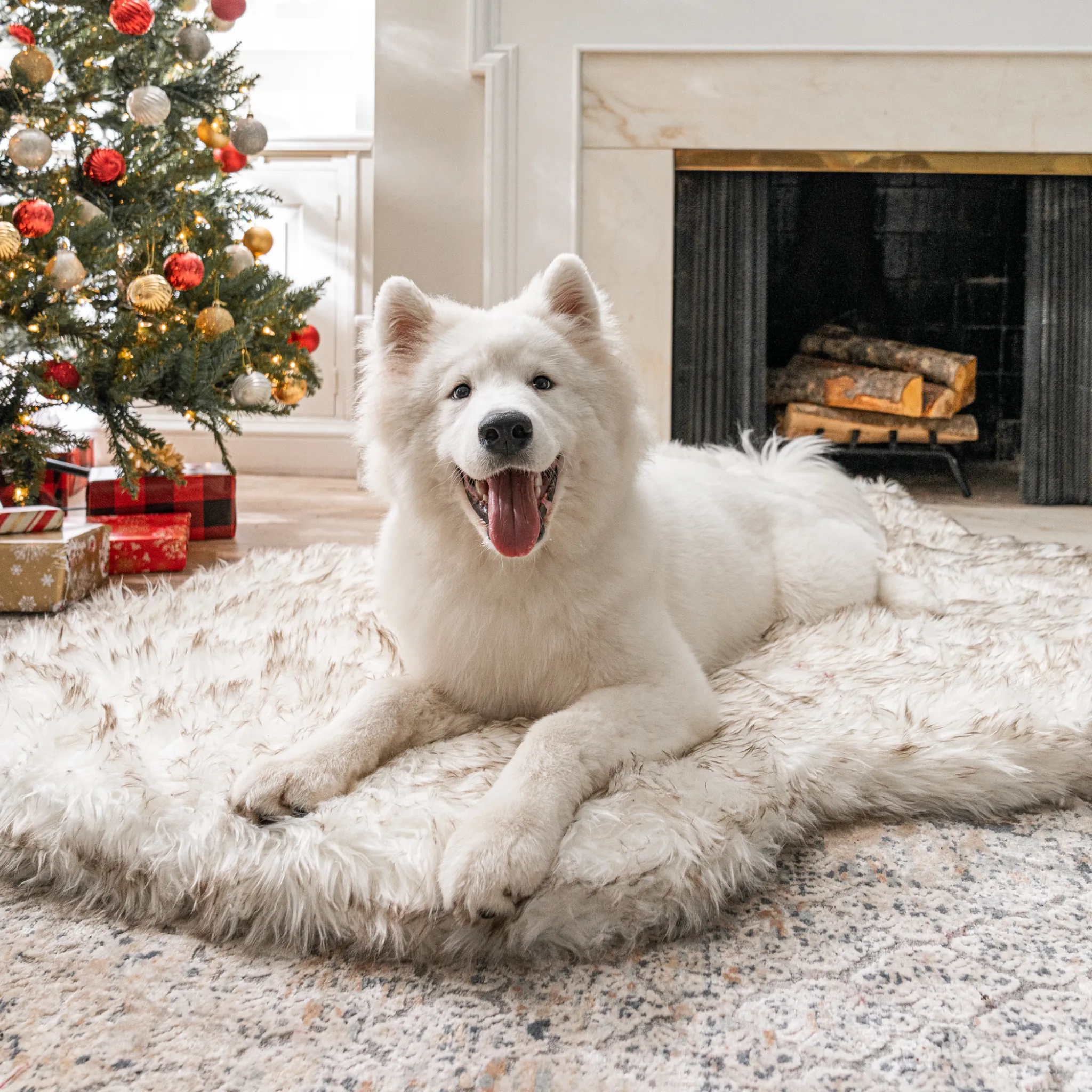 PupRug™ Faux Fur White With Brown Accents Orthopedic Dog Bed   FREE Holiday Plaid Bed Cover
