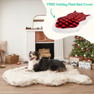 PupRug™ Faux Fur White With Brown Accents Orthopedic Dog Bed   FREE Holiday Plaid Bed Cover