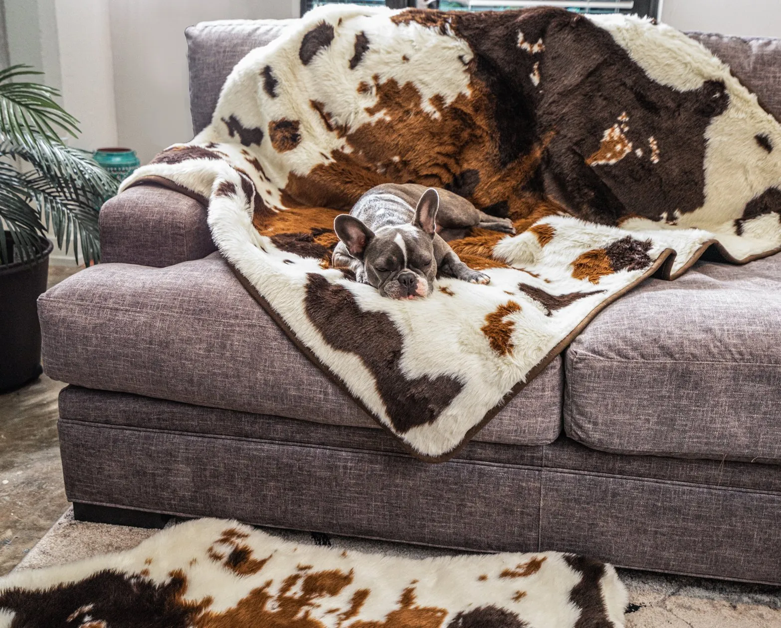 PupRug™ Junior Memory Foam Bed   Matching Waterproof Blanket Bundle - Brown Faux Cowhide