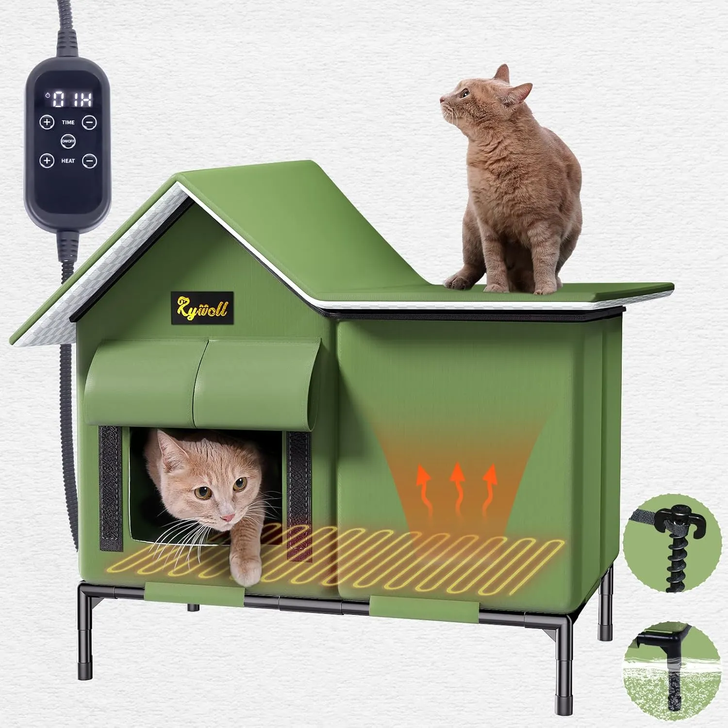 Rywell Heated Cat House for Outside,Super Insulated&Weatherproof,Elevated Heated Outdoor Cat House for Feral Cat with Waterproof Eaves,Timer & Temp Adjustable