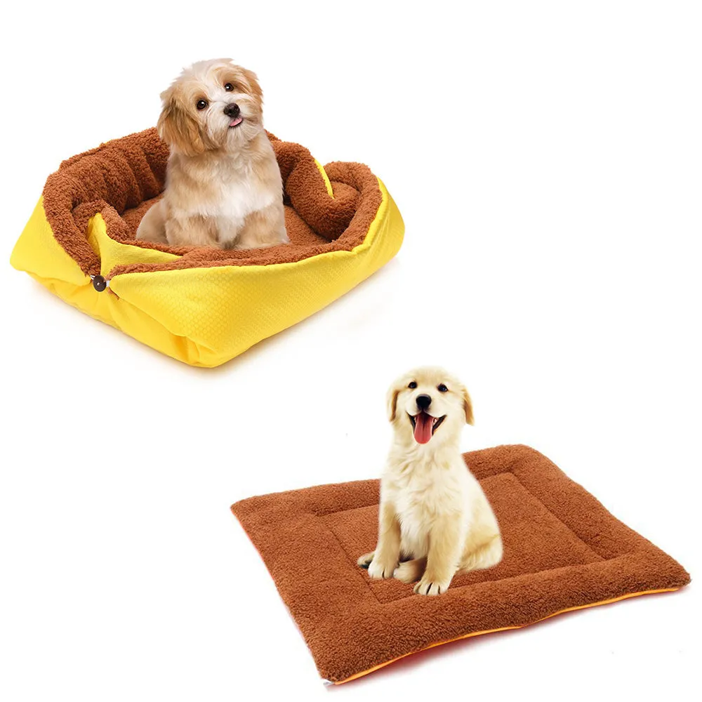 SOGA 2X Yellow Dual purpose Cushion Nest Cat Dog Bed Warm Plush Kennel Mat Pet Home Travel Essentials