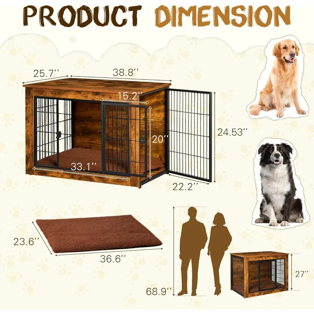 Stylish Dog Crate Furniture with Thick Cushion & Double Doors – Wooden End Table Chew-Resistant Dog Kennel