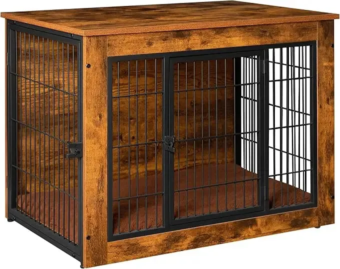 Stylish Dog Crate Furniture with Thick Cushion & Double Doors – Wooden End Table Chew-Resistant Dog Kennel