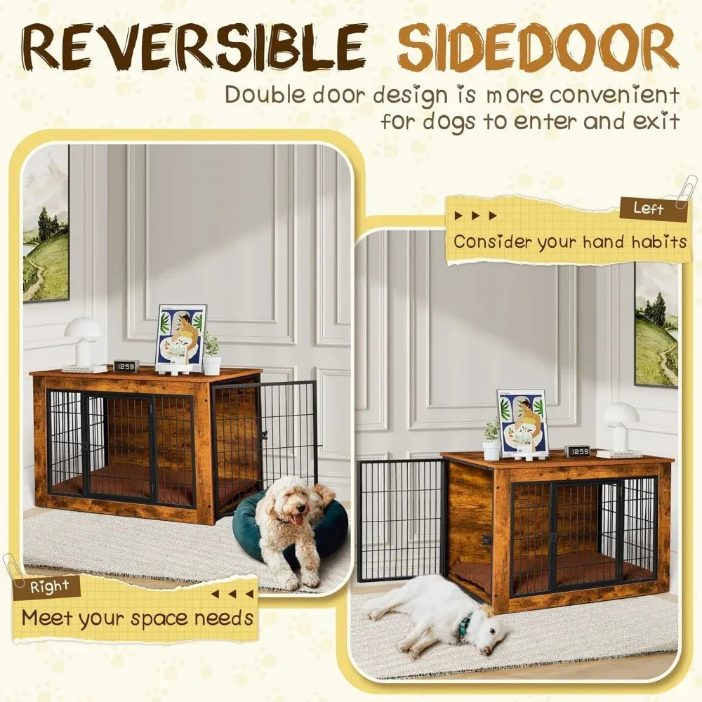 Stylish Dog Crate Furniture with Thick Cushion & Double Doors – Wooden End Table Chew-Resistant Dog Kennel