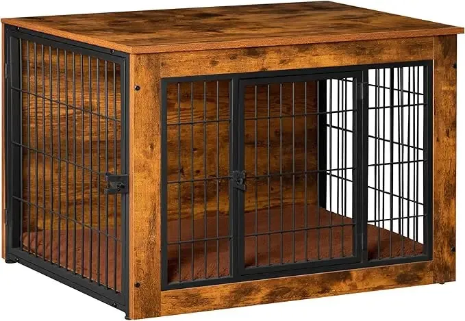 Stylish Dog Crate Furniture with Thick Cushion & Double Doors – Wooden End Table Chew-Resistant Dog Kennel
