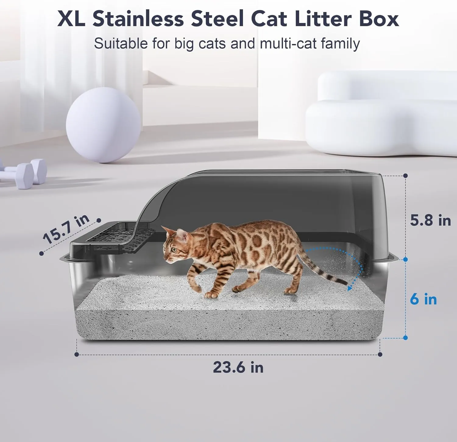 UPSKY Stainless Steel Cat Litter Box with Lid, XL Large Metal Litter Box for Large Breeds, Enclosed Kitty Litter Pan with High Sides, Leak-Proof & Non-Stick, Easy to Clean, Scoop and Mat Included
