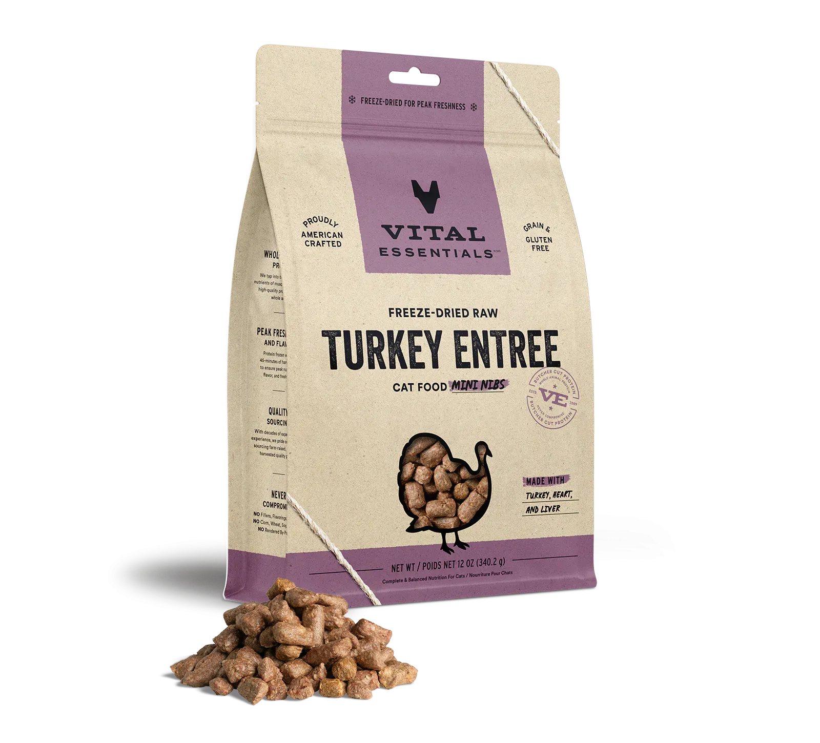 Vital Essentials Turkey Mini Nibs, Freeze-Dried Cat Food, 12-oz Bag