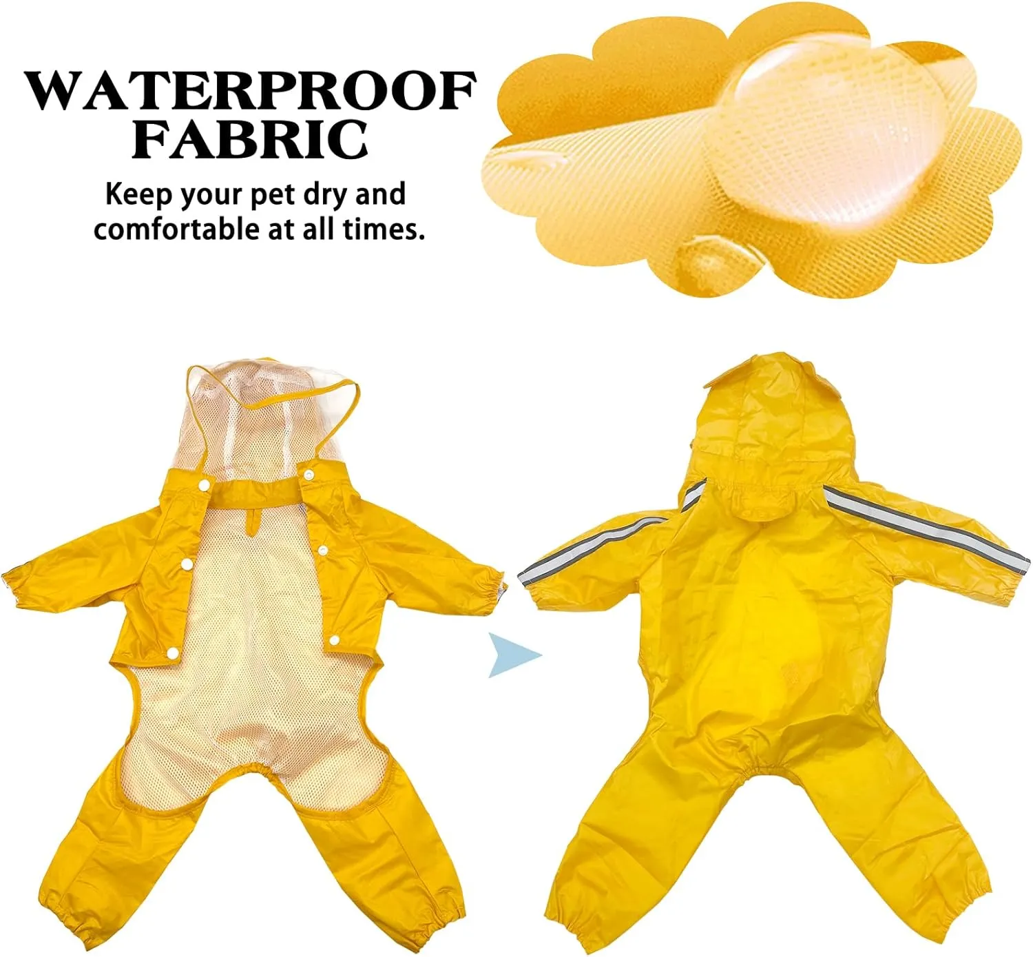 Waterproof Dog Raincoat, Adjustable 4-Legged Dog Rain Jacket with Hood and Leash Hole Reflective Lightweight Outdoor Rain Poncho Gear for Dog Suitable for Small and Medium Dogs (Yellow, Medium)