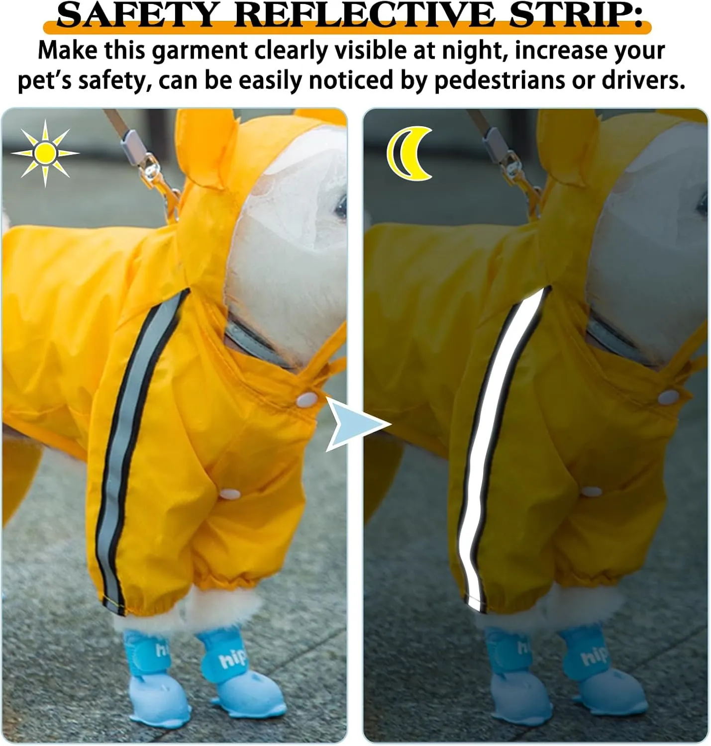 Waterproof Dog Raincoat, Adjustable 4-Legged Dog Rain Jacket with Hood and Leash Hole Reflective Lightweight Outdoor Rain Poncho Gear for Dog Suitable for Small and Medium Dogs (Yellow, Medium)