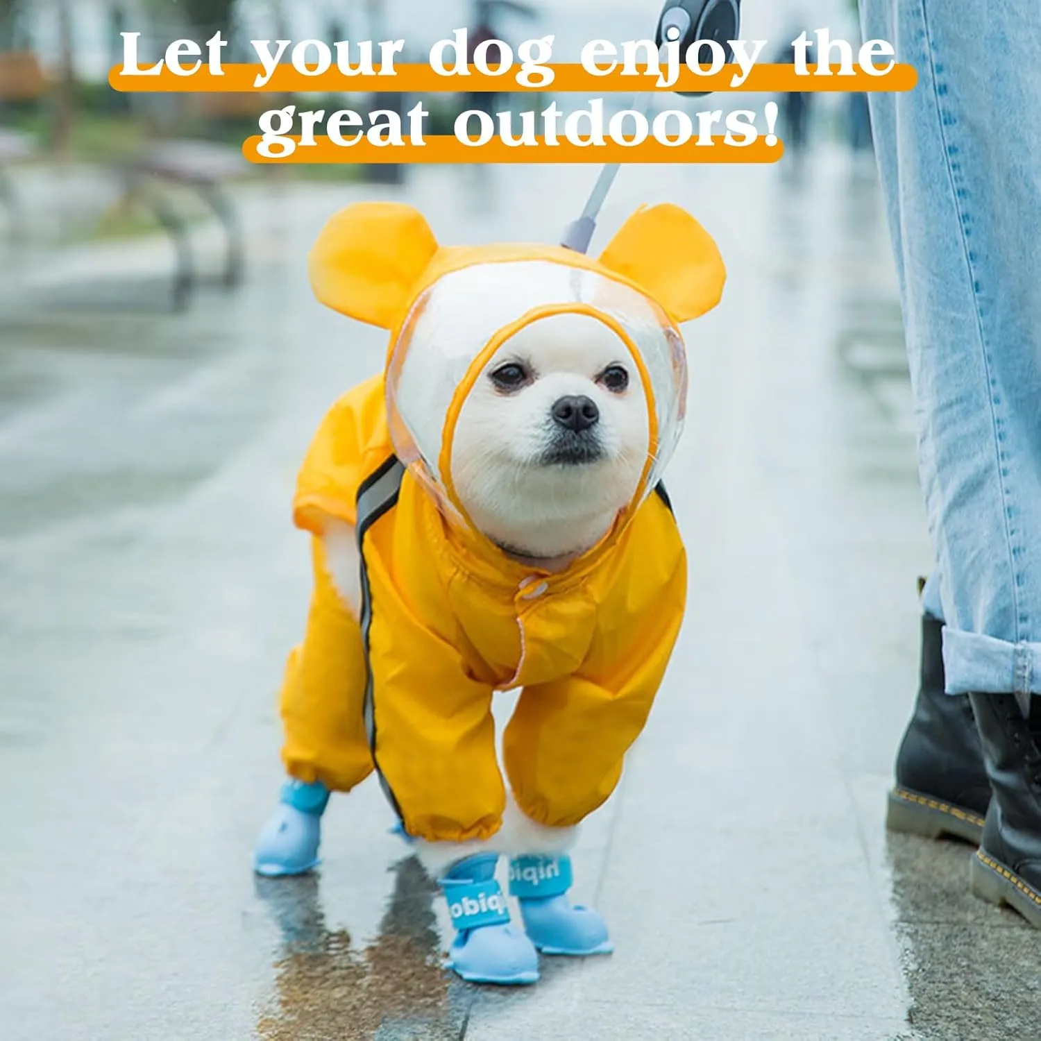 Waterproof Dog Raincoat, Adjustable 4-Legged Dog Rain Jacket with Hood and Leash Hole Reflective Lightweight Outdoor Rain Poncho Gear for Dog Suitable for Small and Medium Dogs (Yellow, Medium)