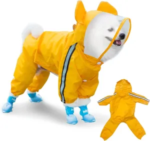 Waterproof Dog Raincoat, Adjustable 4-Legged Dog Rain Jacket with Hood and Leash Hole Reflective Lightweight Outdoor Rain Poncho Gear for Dog Suitable for Small and Medium Dogs (Yellow, Medium)