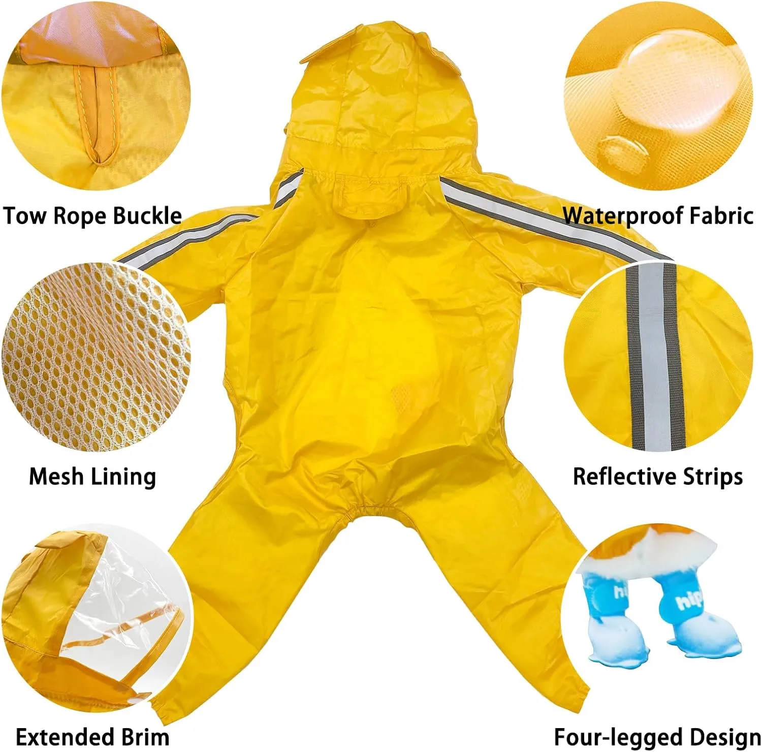 Waterproof Dog Raincoat, Adjustable 4-Legged Dog Rain Jacket with Hood and Leash Hole Reflective Lightweight Outdoor Rain Poncho Gear for Dog Suitable for Small and Medium Dogs (Yellow, Medium)
