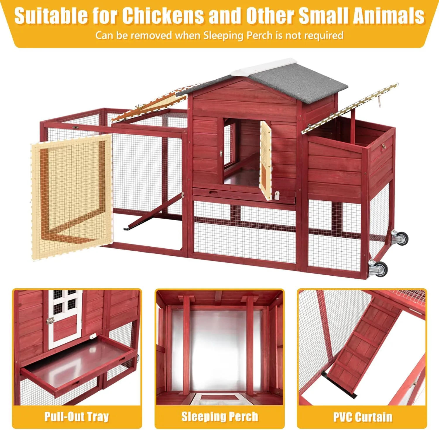 Wooden Chicken Coop Cage Outdoor Indoor Hen House with Nesting Box, Waterproof Roof, Removable Tray for Poultry Pets Enclosure Garden Backyard (RED)